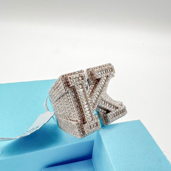 925 Sterling Sliver Moissanite Alphabet K Letter Ring, 4.05ctw VVS Stones Hip Ho - Picture 6 of 7